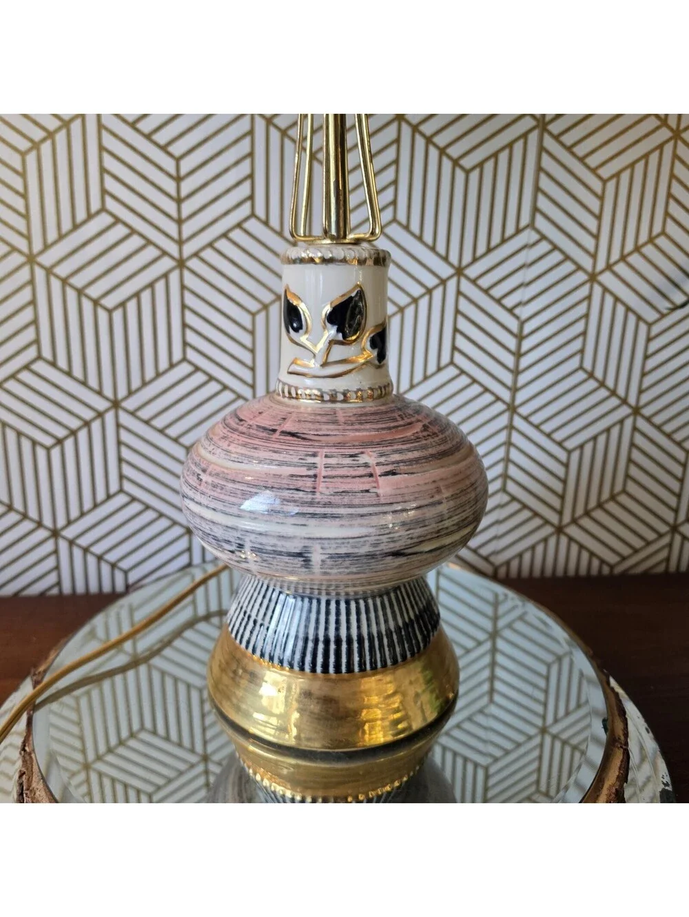 Vintage 1950s Mid Century Ceramic Lamp Pink Black Gold Atomic Wire Cage & Shade